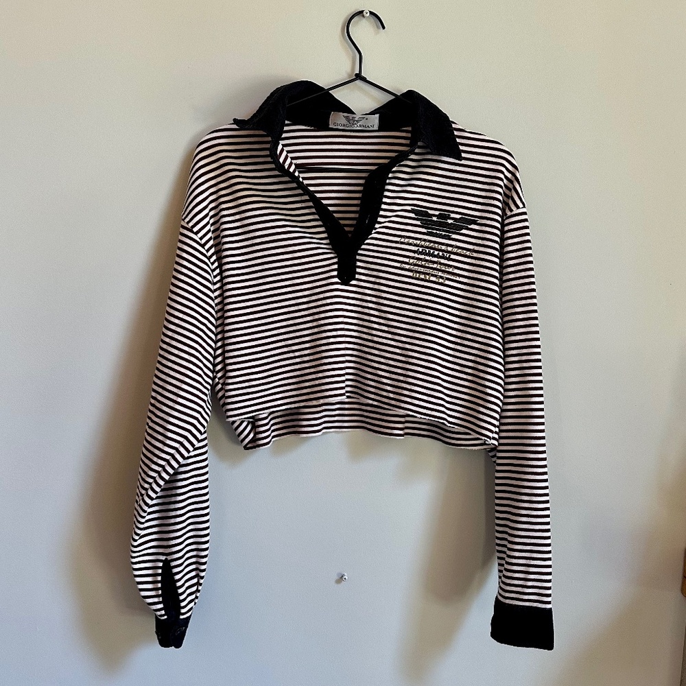 Giorgio Armani Vintage Cut Off Striped Crop Polo Shirt